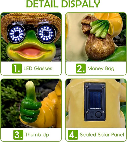 8.7" Solar Frog Statue Glowing Glasses - Funny Garden Decor Thumbs Up Money Bag Lucky Frog Figurine, Outdoor Resin Yellow Shirt Hand Painted Stone Base Patio Lawn Porch Gift Whimsical