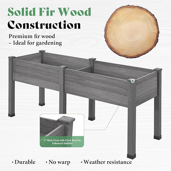 AMERLIFE Raised Garden Bed, 72x24x30 Inches Elevated Wood Planter Box with Legs, Bed Liner, Divider and Drainage System for Backyard, Patio, 300 lb Capacity - Grey
