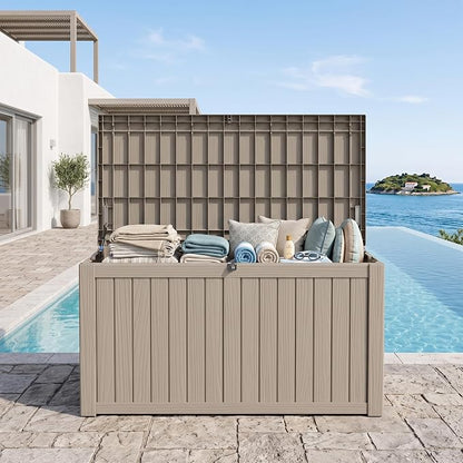 Outdoor Storage Box, 180 Gallon Waterproof Deck Box [Upgraded 3.1], Large Resin Storage with Hydraulic Gas Lifts for Cushions, Lawn Mower Tools Chest Bench, Large Backyard, Grey