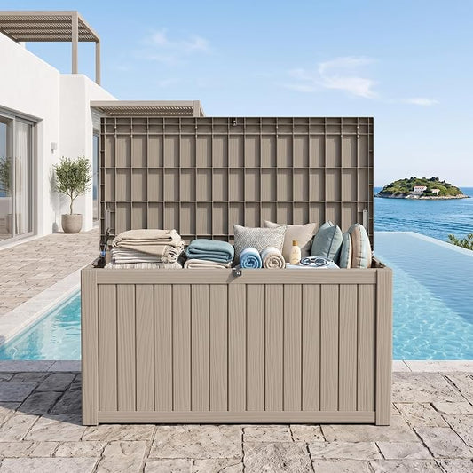 Outdoor Storage Box, 180 Gallon Waterproof Deck Box [Upgraded 3.1], Large Resin Storage with Hydraulic Gas Lifts for Cushions, Lawn Mower Tools Chest Bench, Large Backyard, Grey