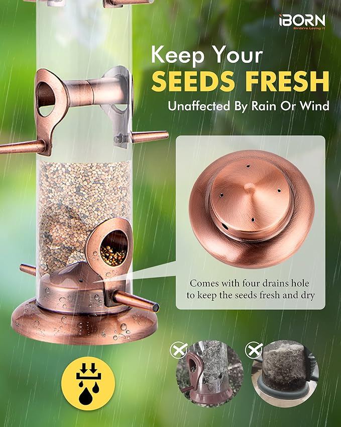 iBorn Metal Bird Feeders Brushed Copper Wild Bird Feeder for Outdoors Hanging All Metal Brushed Copper Finishing 15 Inch 6 Port,Pack of 2