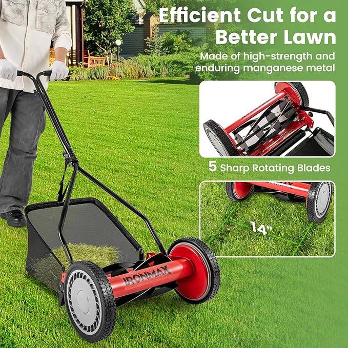 IRONMAX Lawn Mower, 14 Inch Push Reel Lawn Mower with 5 Steel Blades, Adjustable Cutting Heights, Grass Catcher Bag, Walk-Behind Manual Lawnmower for Garden Park Yard, No Motor (Red, 14 Inch)