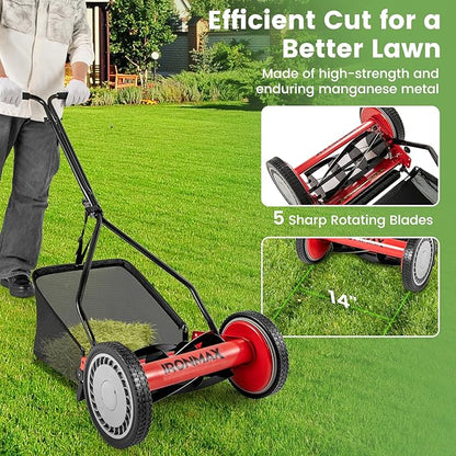 IRONMAX Lawn Mower, 14 Inch Push Reel Lawn Mower with 5 Steel Blades, Adjustable Cutting Heights, Grass Catcher Bag, Walk-Behind Manual Lawnmower for Garden Park Yard, No Motor (Red, 14 Inch)