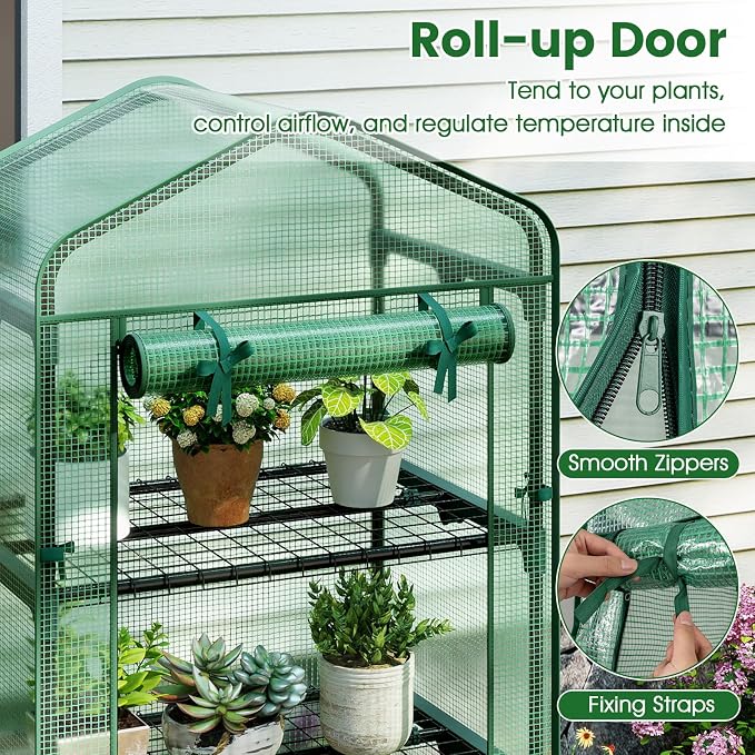 Giantex Mini Greenhouse Indoor Outdoor, 27" x 19" x 75" Portable Plant Grow House with 5 Tier Shelves, PE Cover, Roll-Up Zipper Door, Rustproof Elector-Coating Metal Frame for Patio Balcony Garden