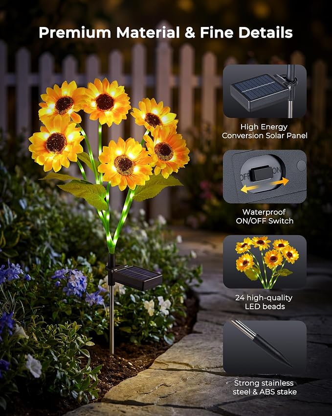 Brightown 3 Pack Solar Sunflowers Garden Decor,18 Solar Powered Sunflowers for Outside with Glowing Stems, Waterproof Solar Flowers Outdoor, Auto On Off Decorative Stakes Light for Yard, Patio, Lawn | 18 glowing stem sunflowers, waterproof solar powere...