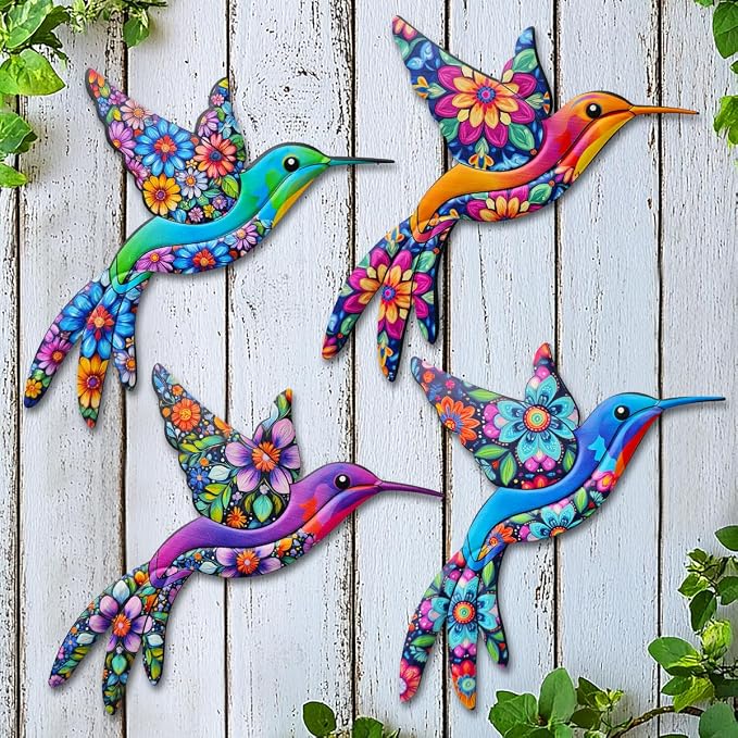 Metal Hummingbird Wall Art, 4 PCS Metal Bird Wall Hanging Decorations for Outdoor Fence Garden Yard Patio Balcony, Garden