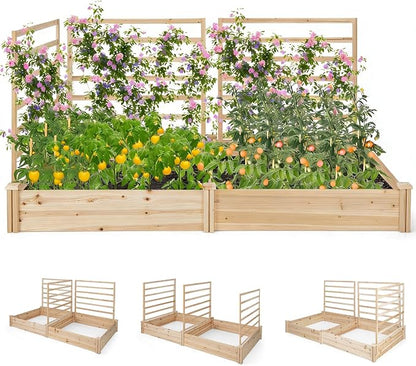 COSTWAY Raised Garden Bed with 2 Planter Boxes & 3 Trellises, Outdoor Wooden Planter Kit for Flowers, Herbs, Vegetables, Fruits & Climbing Vines, Elevated Garden Planter for Patio, 88"L x 45"W x 43"H