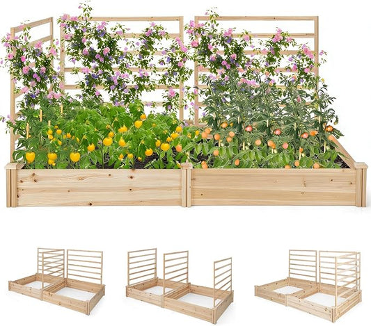 COSTWAY Raised Garden Bed with 2 Planter Boxes & 3 Trellises, Outdoor Wooden Planter Kit for Flowers, Herbs, Vegetables, Fruits & Climbing Vines, Elevated Garden Planter for Patio, 88"L x 45"W x 43"H