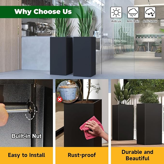 Metal Planter Box for Outdoor Planter Tall Metal Outdoor Planters Box 14"x14"x30" Steel Spliced Planter with Removable Insert Sherf for Outside,Indoor,Garden (Black, 14 * 14 * 30)