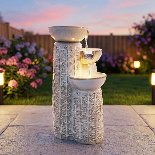 28" H Ceramic Outdoor Water Fountain with LED Lights, 3-Tier Cascading Bowls Water Feature, Tranquil Waterfall for Relaxing Garden, Patio, Yard, or Porch, Beige Glaze, Embossed Leaf Patterns