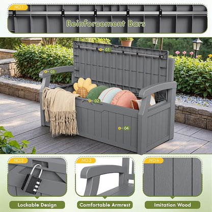 Greesum 80 Gallon Outdoor Storage Bench Deck Box with Cushion & Armrest, Lockable, Waterproof UV Resistant, Comfortable Seating for Patio, Pool, Garden, Grey