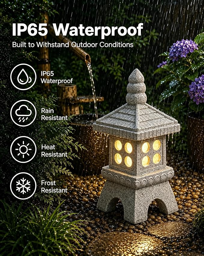Nacome Solar Pagoda Garden Statues:15.7 inches Outdoor Weatherproof Resin Zen Decor for Landscape Balcony Patio Porch Yard Ornament(Gray)