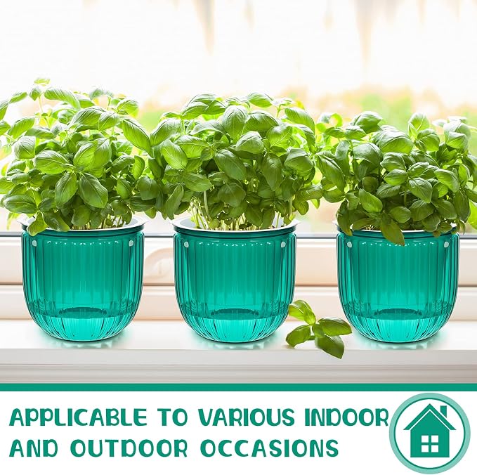 Meanplan 4 Pcs Self Watering Hanging Planter Indoor 6.5 Inch Hanging Baskets for Plants Outdoor Plastic Flower Pot with 3 Hooks Chains Drainage Holes for Garden Home, Medium Size(Emerald)