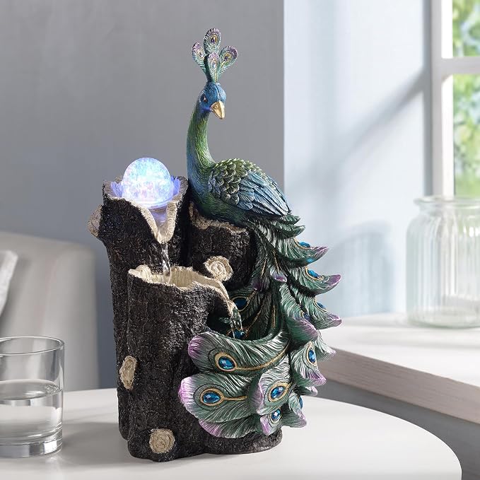 Kalona Tabletop Peacock Waterfall Fountain, 13.39" Indoor Water Feature with Rotating Glass Globe & LED Light-Up Base, Desktop Zen Fountain for Home Office Relaxation Decor (23048)