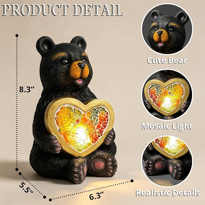 Solar Turtle Garden Statue Lights for Outdoor Decor with Cracked Glass LED Figurine Lighting Resin Succulent Tortoise Decorations Patio Lawn Yard Housewarming Mom Gifts (Black Bear)