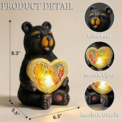 Solar Turtle Garden Statue Lights for Outdoor Decor with Cracked Glass LED Figurine Lighting Resin Succulent Tortoise Decorations Patio Lawn Yard Housewarming Mom Gifts (Black Bear)