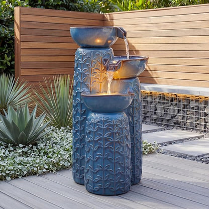 28" H Ceramic Outdoor Water Fountain with LED Lights, 3-Tier Cascading Bowls Water Feature, Tranquil Waterfall for Relaxing Garden, Patio, Yard, or Porch, Turquoise, Embossed Leaf Patterns