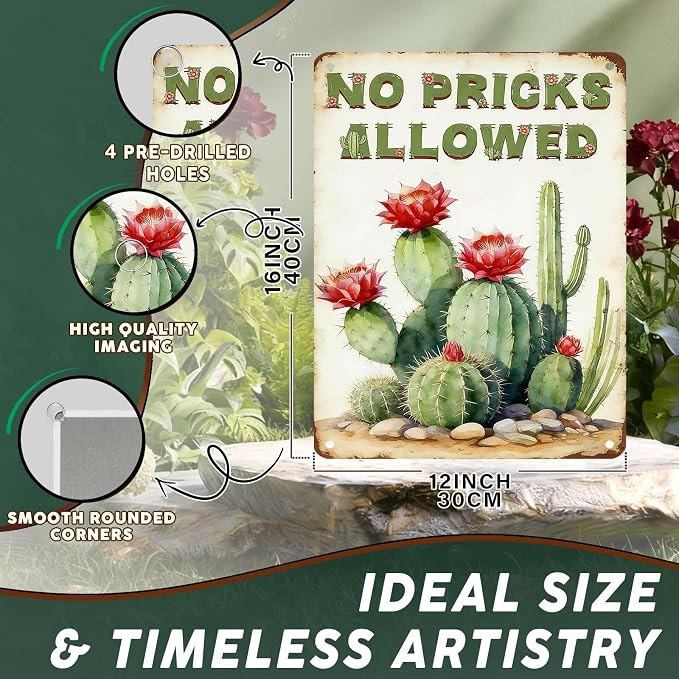 PEACHGARDEN Cactus Deocr Garden Signs No Pricks Allowed Southwestern Metal Tin Sign Cactus Wall Art Decor for Outdoor Garden Yard Greenhouse 12x16 inch