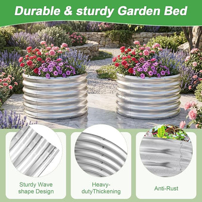 AHEONLAR 2 Pack 2x2x1.5ft Round Galvanized Raised Garden Bed Outdoor Metal Planter Box for Vegetables Steel Raised Beds for Gardening Silver
