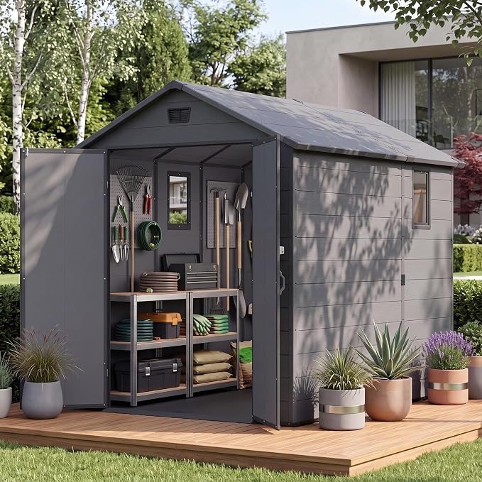 Greesum 6x10FT Plastic Storage Shed with Floor, Resin Outdoor Storaged Sheds with Lockable Double Door, Window and Vents, All-Weather Tool Sheds for Patio, Garden, Backyard, Dark Gray