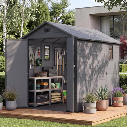 Greesum 6x10FT Plastic Storage Shed with Floor, Resin Outdoor Storaged Sheds with Lockable Double Door, Window and Vents, All-Weather Tool Sheds for Patio, Garden, Backyard, Dark Gray