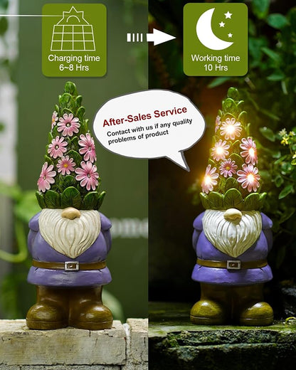 Nacome Solar Garden Outdoor Statues Gnome with Succulent and 7 LED Lights - Lawn Decor for Patio, Balcony, Yard Ornament for Mom Grandma Women