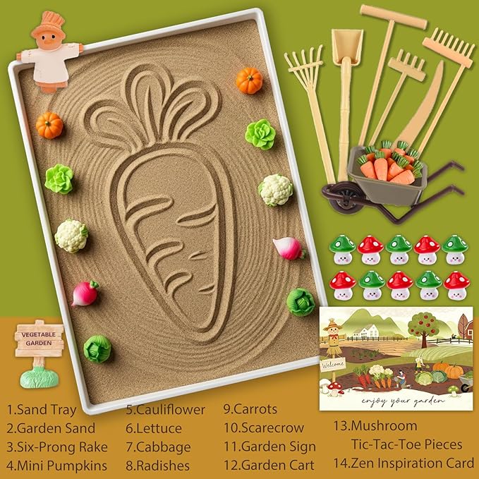 Zen Garden for Desk, Vegetable Sand Tray Kit with Miniatures | Create and rearrange a miniature harvest scene with fine sand, garden figures, tools, and mushroom tic-tac-toe pieces