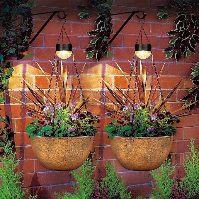 SUNNYPARK 2 Pack Solar Hanging Planters for Plants Outdoor | Self Watering, Bronze Flower Pots with Solar Light, Hanging Garden Planters with Drainer for Balcony Patio Outdoor Decor