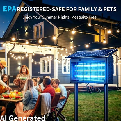 Solar Bug Zapper Outdoor Cordless, 9600mAh Battery | 365-395nm UV Light, IPX5 Waterproof, Dusk-to-Dawn Sensor, 1 Acre Coverage, Black, for Outdoor Indoor Use (20inch)