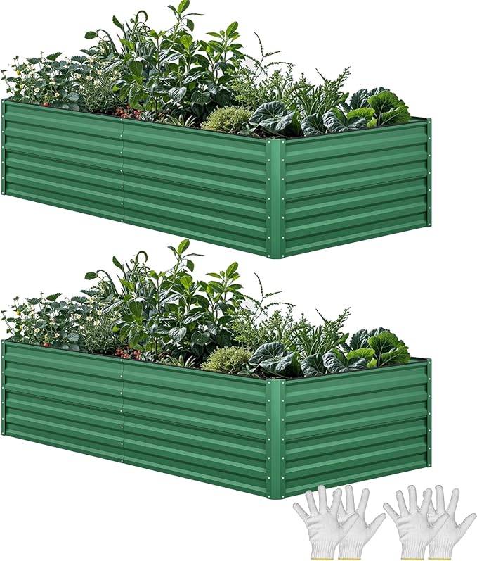 YITAHOME 2pcs 8x4x2ft Galvanized Raised Garden Bed, Metal Planter Box with Safety Rubber, Gloves, Outdoor Flower Bed for Planting Plants Vegetables, Green