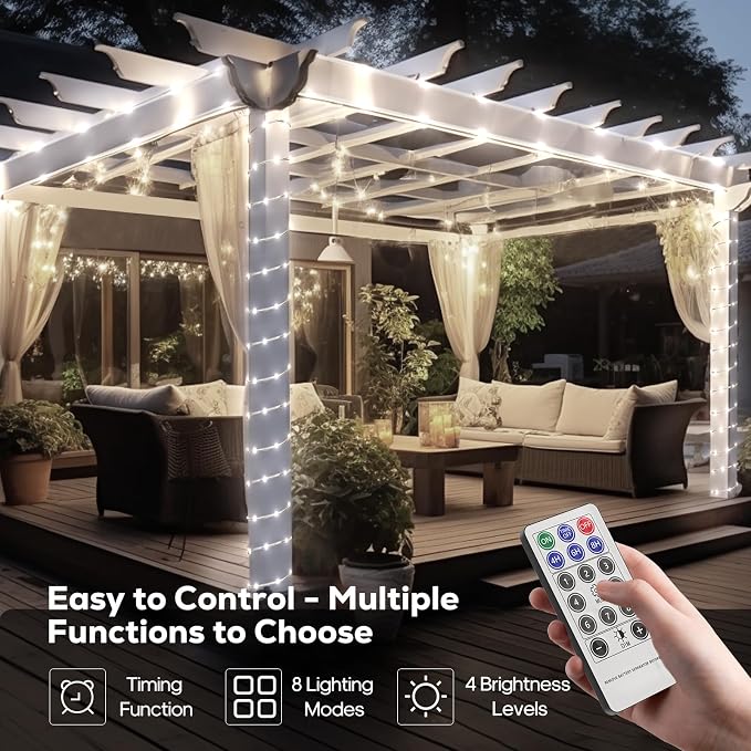 ICRGB Solar Rope Lights Outdoor, 39FT 100 LED Solar Rope Lights,IP67 Waterproof, 8 Modes, Outdoor Patio Porch Tree Wedding Christmas Pool Garden Decorative (Cool White, 39FT)