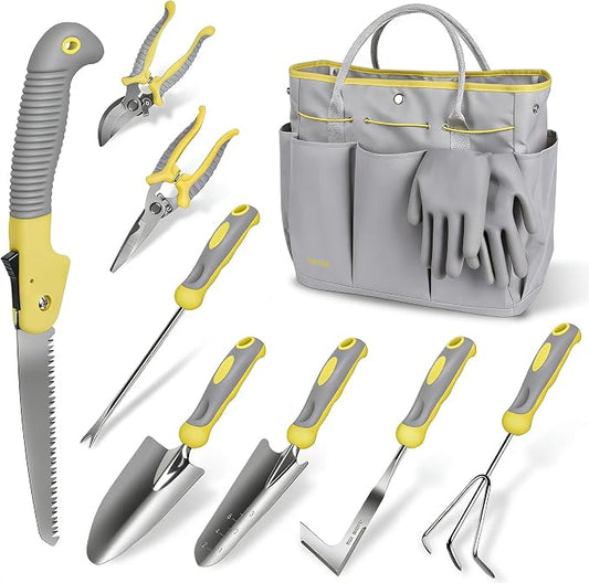 Garden Tool Set, Carsolt 10 Piece Stainless Steel Heavy Duty Gardening Tool Set for Digging Planting Pruning Gardening Kit with Durable Bag Gloves Gift Box Ideal Garden Gifts for Women Men
