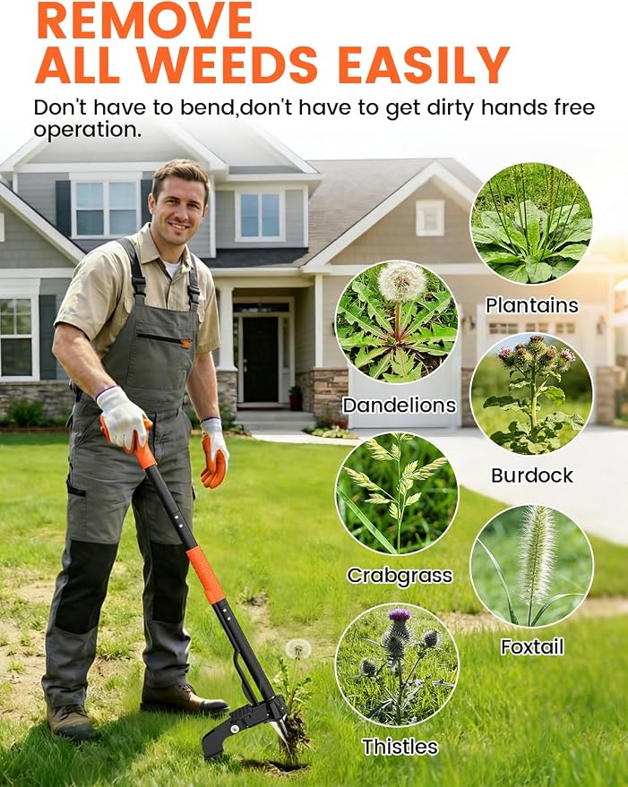 Weed Puller Tool 4-Claw Stand Up Weed Remover tools with Ergonomic Long Handle/Foldable Foot Pedal/Easy Eject,Heavy Duty Garden Weeding Tools for Dandelion,Crabgrass,Thistle–No Bending Kneeling