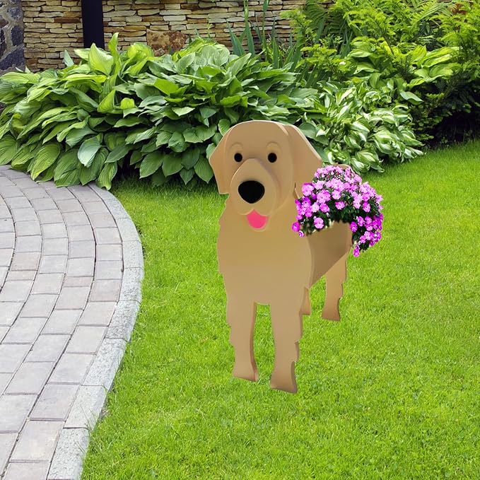 Golden Retriever Dog Planter Pots, 9.84 x 8.66 x 17 Inches | Large Dog Flower Pot, Cute Animal Shaped Plant Pot, Gifts for Women & Pet Lovers, Indoor Outdoor Garden Home Office Decor