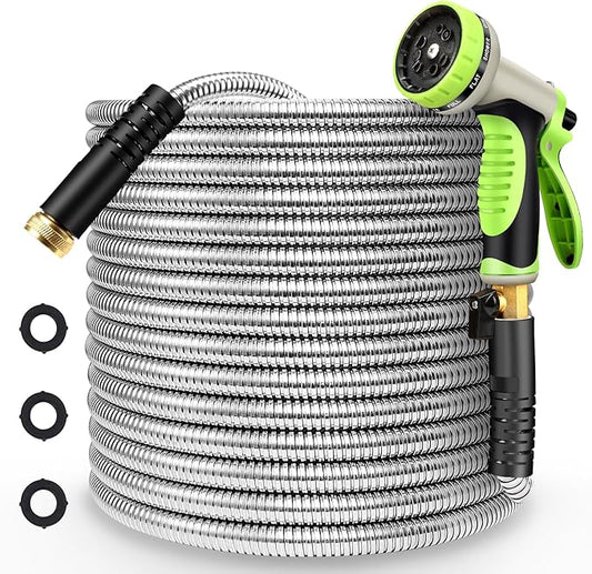 Metal Garden Hose 50FT Stainless Steel Heavy Duty Flexible Lightweight Water Hoses Pipe with 10-Function Spray Nozzle and 3/4" Solid Brass Fittings No Kink Durable for Outdoor Yard & Lawn