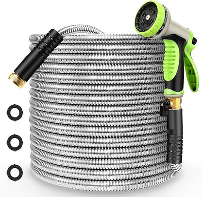Metal Garden Hose 75FT Stainless Steel Heavy Duty Flexible Lightweight Water Hoses Pipe with 10-Function Spray Nozzle and 3/4" Solid Brass Fittings No Kink Durable for Outdoor Yard & Lawn
