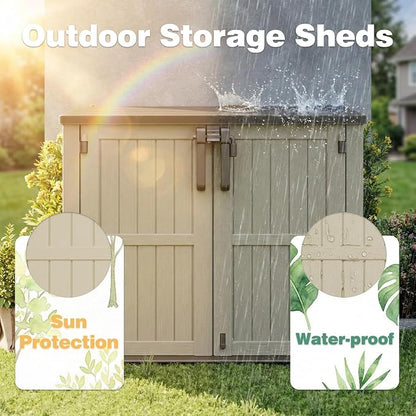 LHBcraft Waterproof Outdoor Storage Box 36 Cu Ft with Lockable Doors, Portable Outdoor Storage Box, Horizontal Outdoor Storage Cabinet for Backyards, Brown-Beige