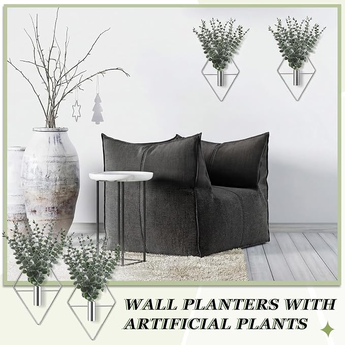 Jexine 8 Pcs Hanging Planters with Artificial Eucalyptus Metal Hanging Vase Indoor Plants Holder Modern Geometric Boho Bathroom Wall Decor for Living Room Home Office (Eucalyptus,Silver)