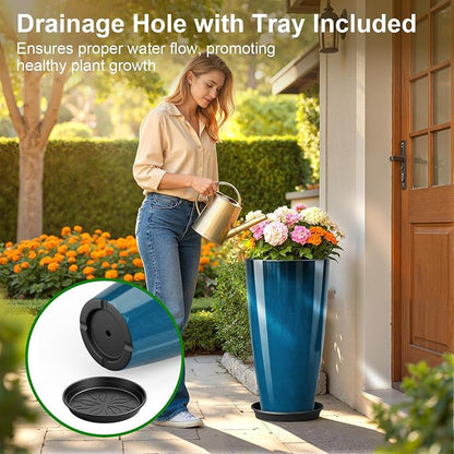 QCQHDU 21 inch Tall Planters for Outdoor & Indoor Plants, Set of 2 Large Outdoor Planters with Drainage Hole for Front Porch, Patio, Garden, Home Decor, Blue