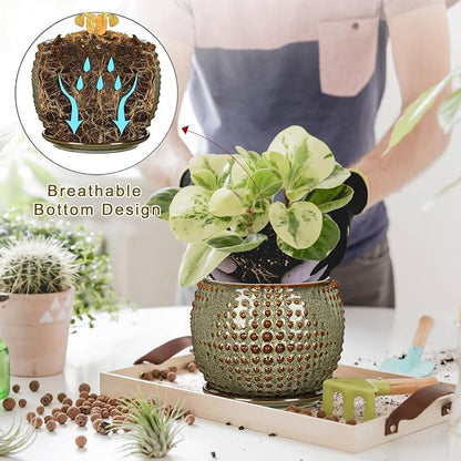 Oairse Ceramic Pot for Indoor Plants, 7 inch Plant Pot with Drainage Hole and Saucer Decorative Brown Planter with Saucer Indoor Outdoor Flower Pots for Succulent Snake Plant Pothos Orchid