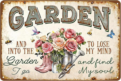 Garden Signs for Outside Gardening Gifts for Plant Lovers Women Metal Garden Tin Sign Wall Art Decor And Into The Garden I Go To Lose My Mind And Find My Soul Sign Funny Flower Yard Signs 8x12 Inch
