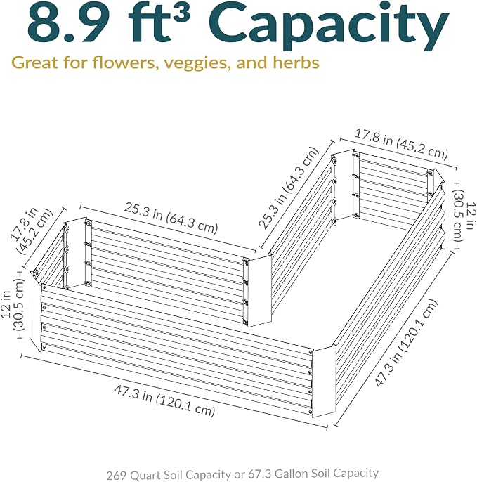 Sunnydaze Galvanized Raised Garden Bed - Outdoor Planter Box for Backyard or Patio - Steel Metal Raised Bed for Gardening Vegetables, Flowers, Herbs - 47 x 47 x 12 in - Ivory White - L-Shaped