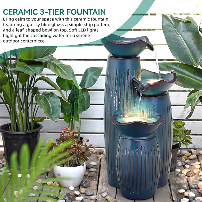 30" H Ceramic Outdoor Water Fountain with LED Lights, 3-Tier Cascading Lotus Bowls Water Feature, Tranquil Waterfall for Relaxing Garden, Patio, Yard, Turquoise, Vertical Striped Texture