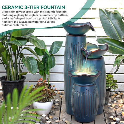 30" H Ceramic Outdoor Water Fountain with LED Lights, 3-Tier Cascading Lotus Bowls Water Feature, Tranquil Waterfall for Relaxing Garden, Patio, Yard, Turquoise, Vertical Striped Texture