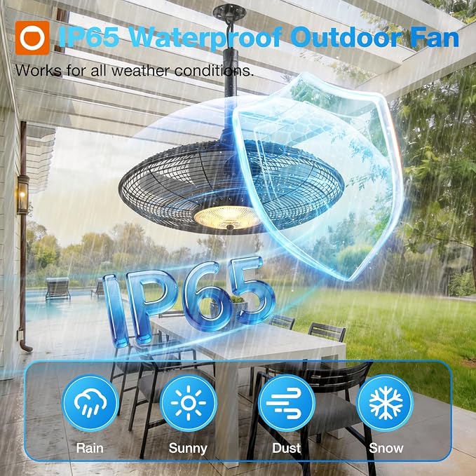 addlon Outdoor Ceiling Fan with Light for Patios, 20" IP65 Waterproof Gazebo Fan Remote&APP Control, 6 Speeds, 3CCT Dimmable, Plug in Ceiling Fan with Hook Hanging Caged Fan for Pergola Porch Canopy