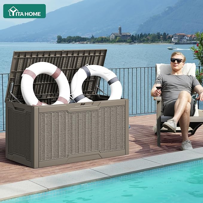 YITAHOME 100 Gallon Large Resin Deck Box Outdoor Storage Boxes for Patio | Outdoor Cushions, Garden Tools and Pool Supplies-Waterproof,Lockable (Taupe)
