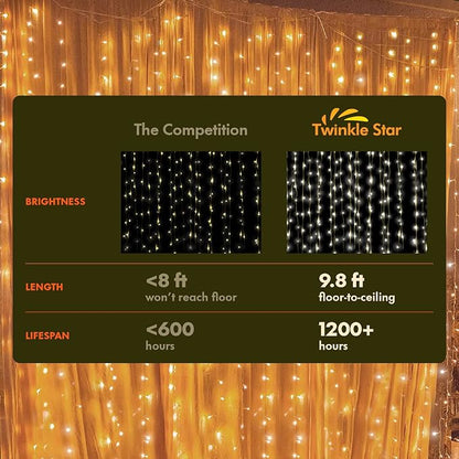 Twinkle Star 300 LED Curtain String Lights, Warm White | 8 Modes, Plug In, For Bedroom Wedding Party Birthday, Indoor Outdoor Wall Window Backdrop