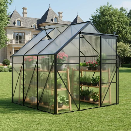 6x6 FT Greenhouse, Walk-in Polycarbonate Greenhouses with Sliding Doors, Aluminum Frame, Adjustable Roof Vent, Raised Base & Anchor, Outdoor Backyard Greenhouse for All Seasons, Black