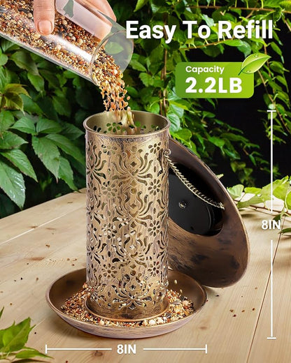 SWEETFULL Solar Bird Feeder for Outdoors Hanging, Metal Wild Bird Feeder for Cardinals Solar Garden Lantern with S Hook as Gift Ideas for Bird Lovers (2LBs Heavy Duty Weather Resistance birdfeeders)