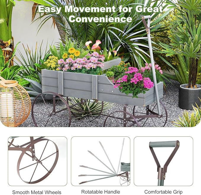 Wooden Wagon Planter, Decorative Flower Pots w/ 2 Planting Sections, Wheels & Handle, Rustic Farmhouse Garden Planter Box for Patio, Yard, Porch (Grey)